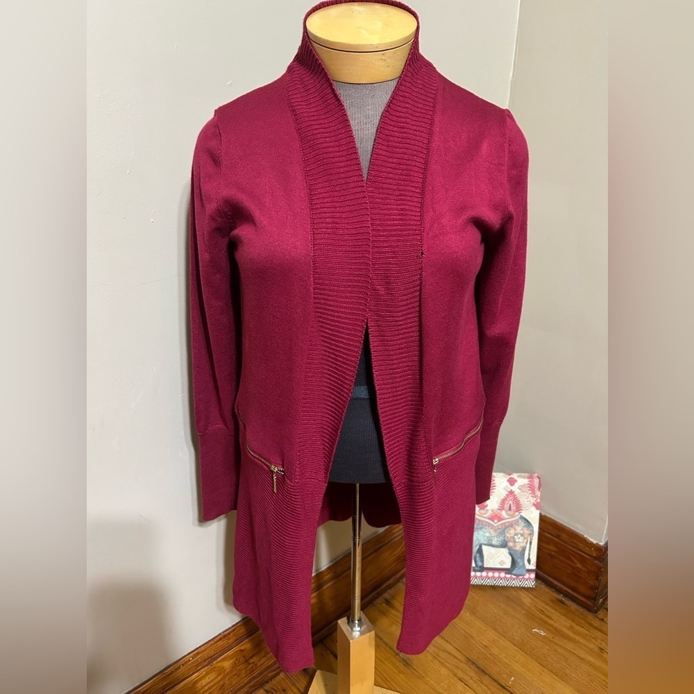 Magaschoni Ripped Trim Red Knit Open Front Long Rayon Cardigan Sweater‎ L Flaw